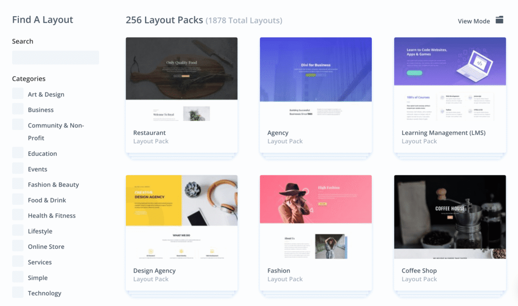 Divi layout library showing premade website layout packs for building a WordPress website without coding