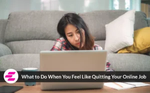 Woman looking stressed while working on a laptop at home, illustrating burnout, frustration, and thoughts of quitting an online job or remote work.